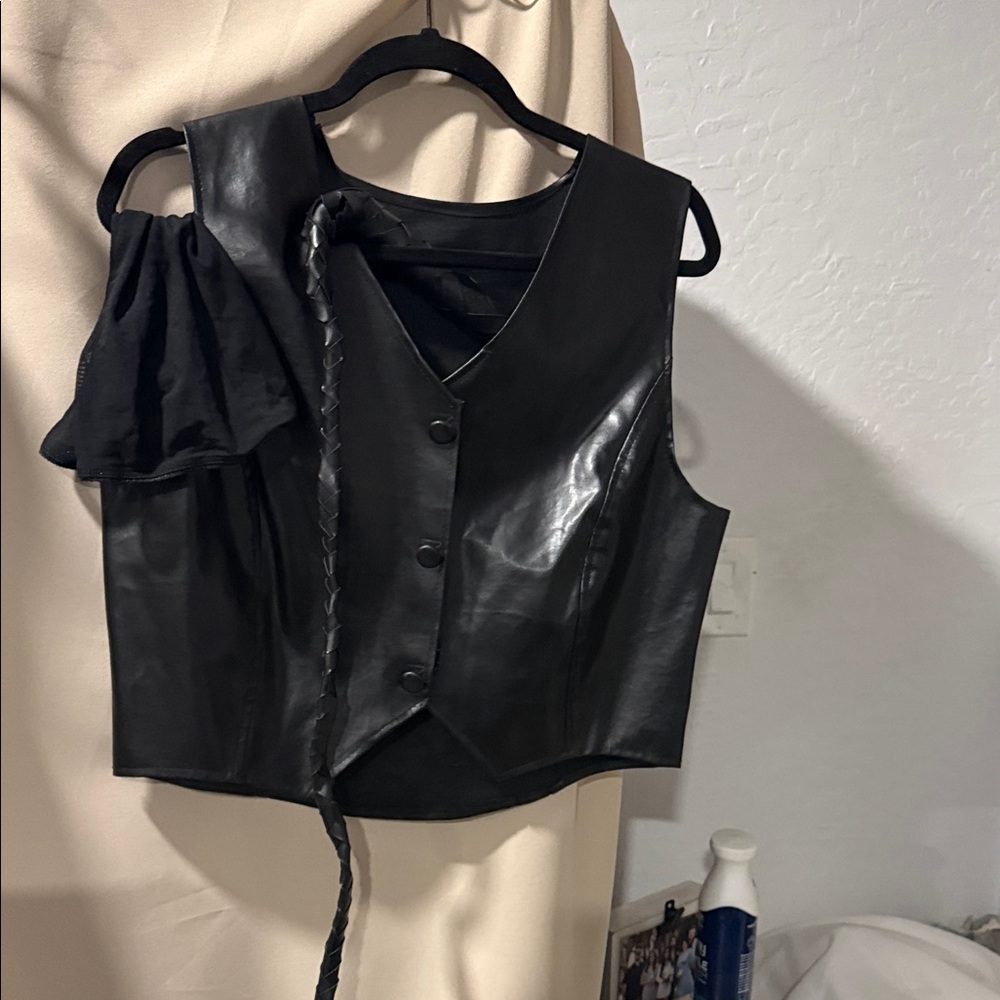 Grab bag of bondage items faux Leather  Vest, whip, handcuffs, faux leather top